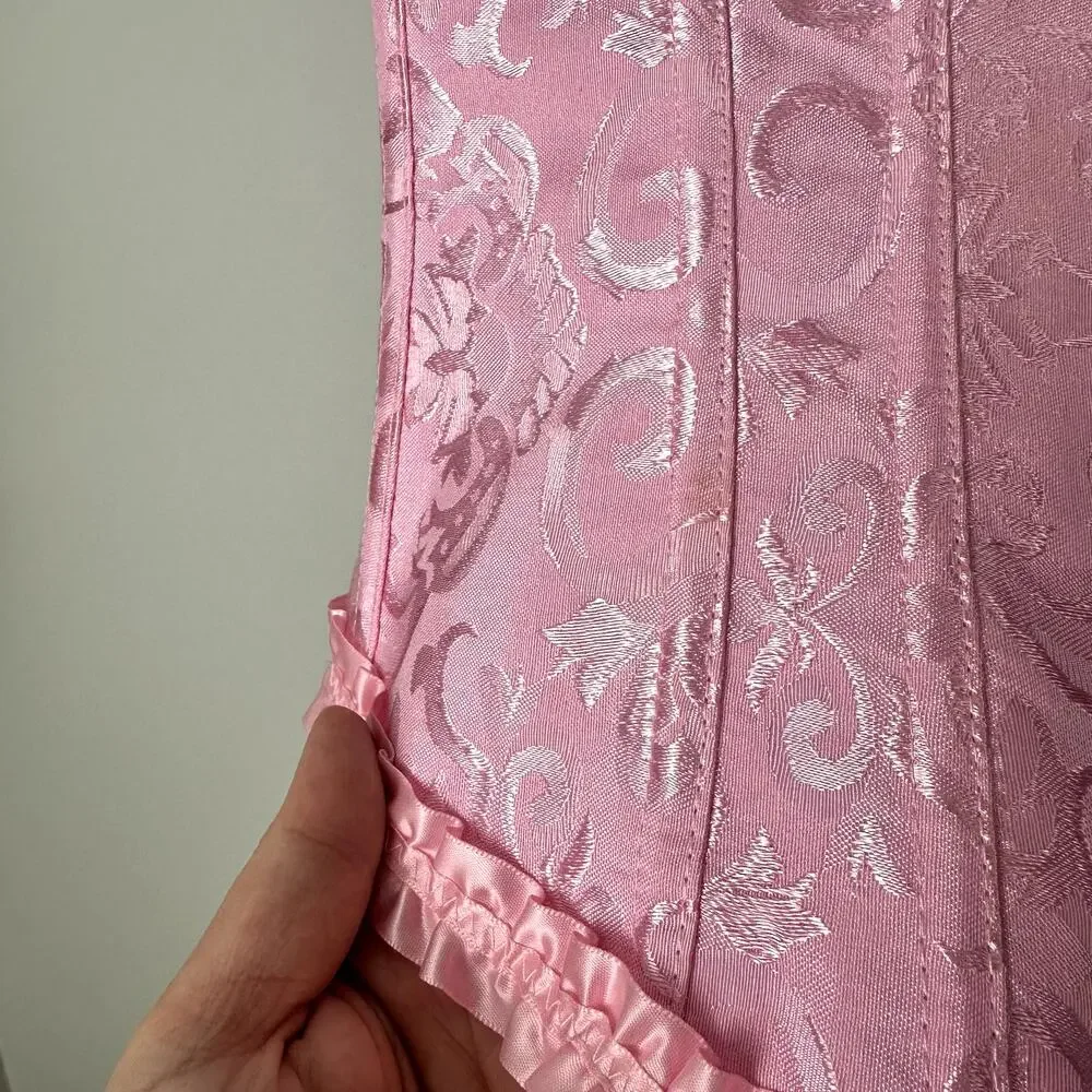 Pink Floral Jacquard Bustier Lace Up Corset Top Ruffle Hem Castle Fairy Small - Picture 14 of 14